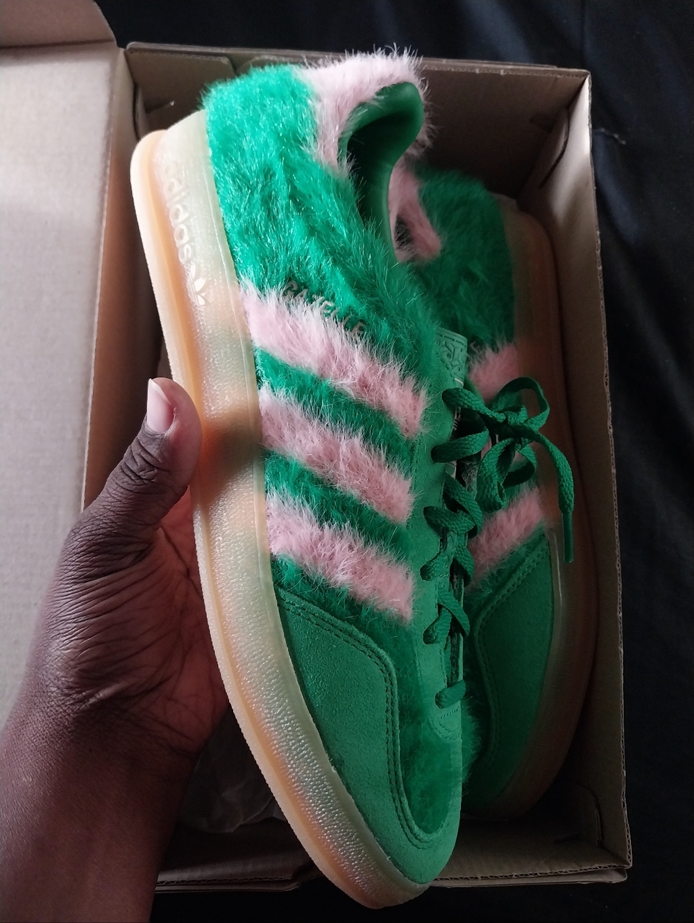 New Adidas Gazelle Green and Pink Furry Women's Sneakers - Picture 2 of 9
